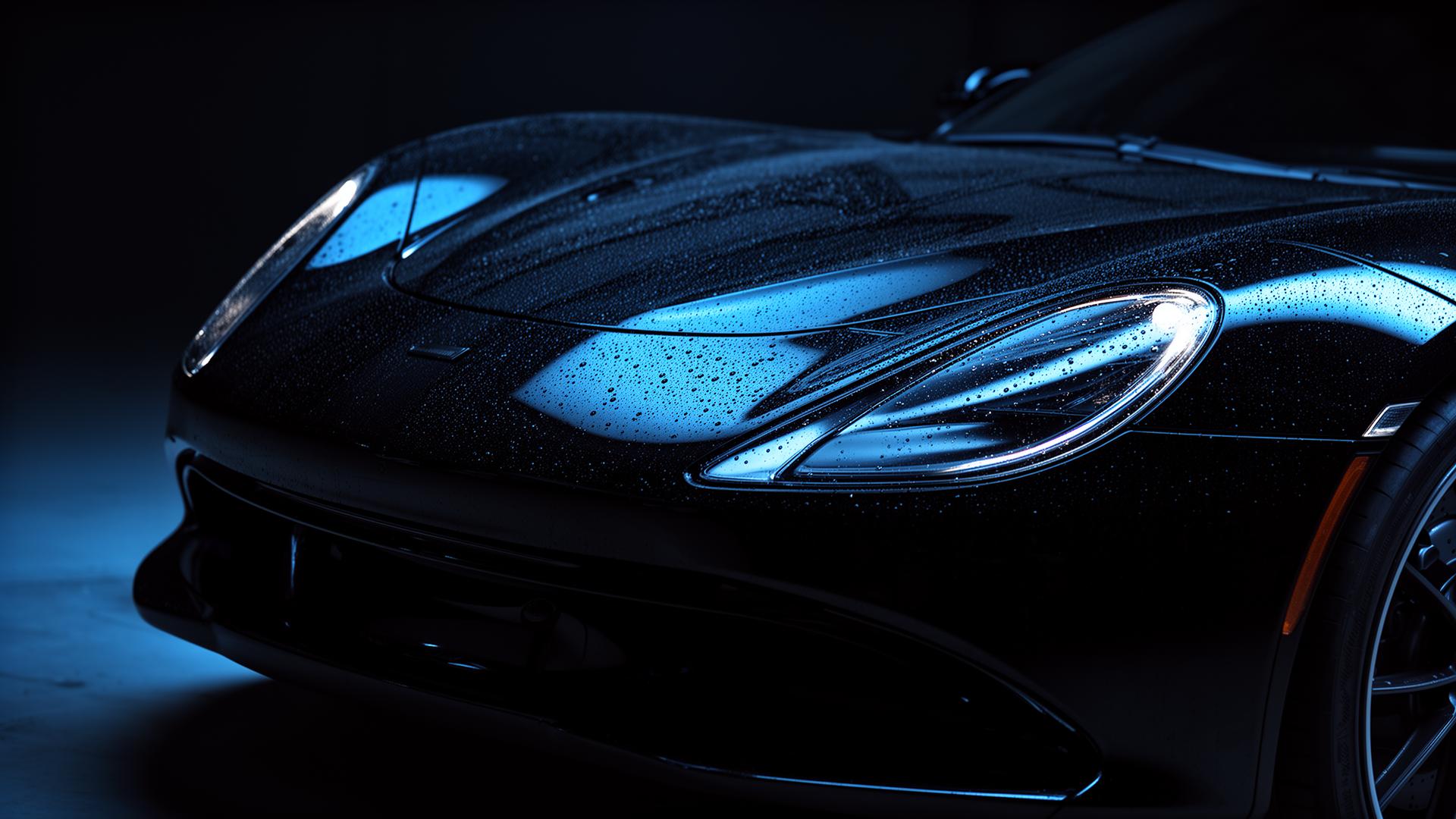 Polished black luxury car under dark lighting